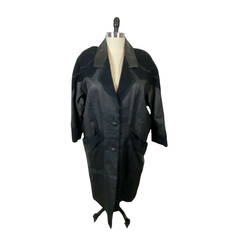 80s Marco Marani Womens Black Leather Suede Big Shoulder Overcoat 2X Vintage